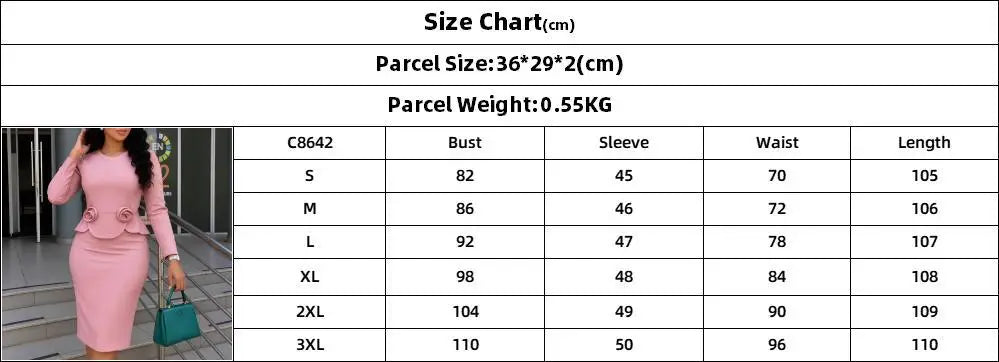 Elegant Women Church Dresses O Neck Long Sleeve 3D Flower Peplum Solid Package Hip Causal Ofice Ladies Autumn Winter New Gowns