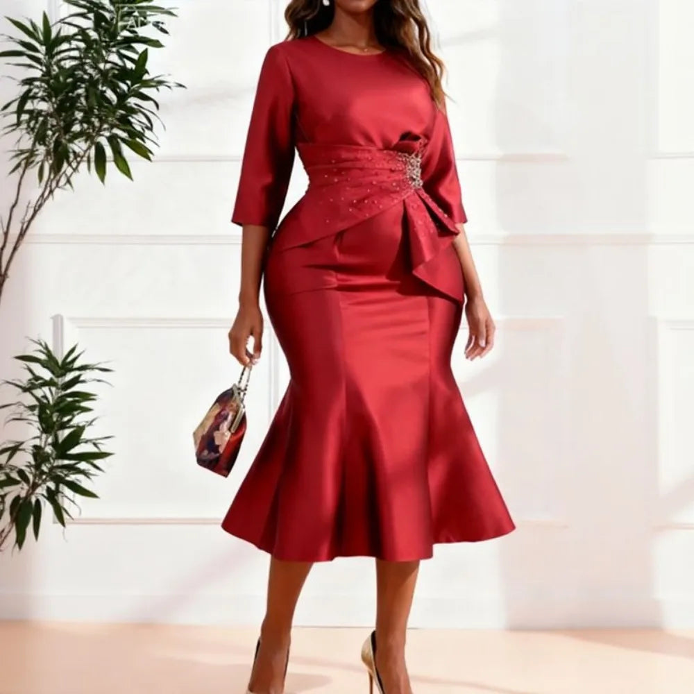 Elegant Satin Mermaid Dress for Women O Neck Half Sleeve Peplum Waist Rhinestone Package Hip Weddings Church Formal Events Gowns